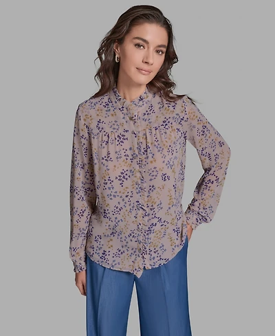 Bcbg Women's Long-Sleeve Printed Ruffle Front Top