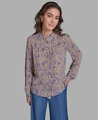 Bcbg Women's Long-Sleeve Printed Ruffle Front Top