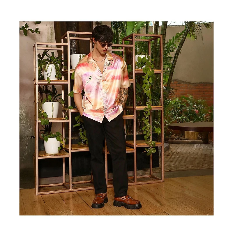 Campus Sutra Men's Cantaloupe Orange & Amethyst Purple Abstract Sheen Oversized Shirt