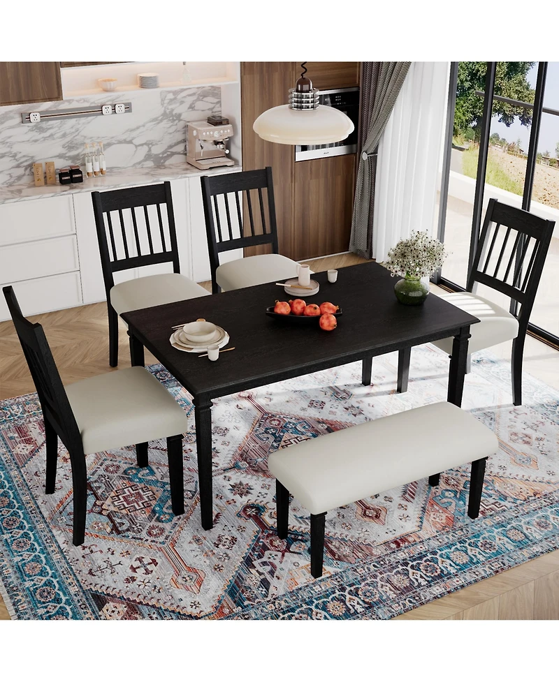 sumyeg 6-Piece Retro Dining Set with Wooden Rectangular Table 4 Chairs and Bench