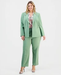 Kasper Plus Size Stretch Crepe Single Button Seamed Jacket Floral Print Tie Neck Sleeveless Top High Rise Stretch Crepe Pants