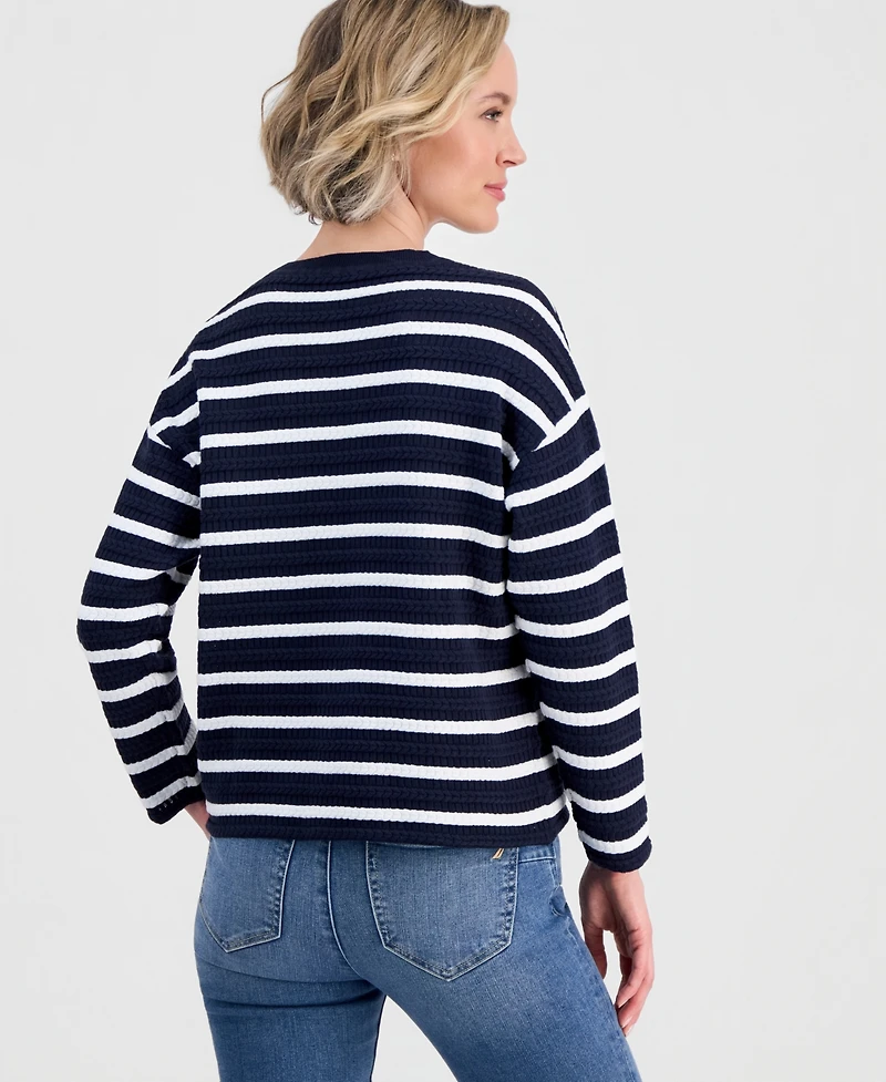 Nautica Women's Striped Braided Pointelle Sweater
