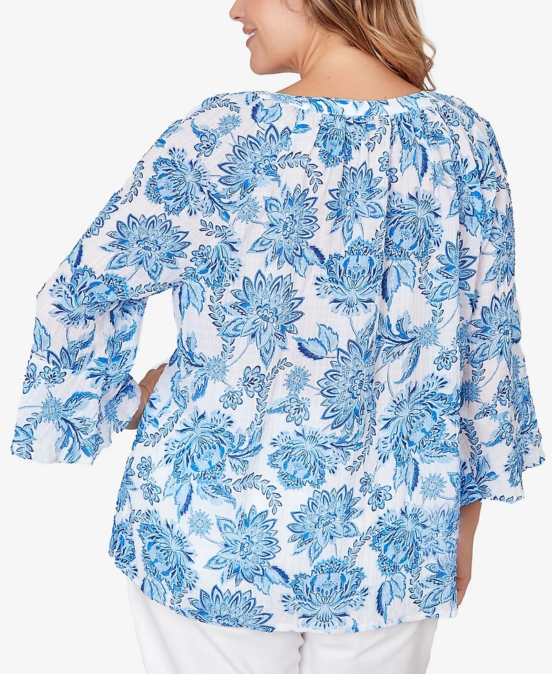Hearts Of Palm Plus Printed Crinkle 3/4 Sleeve Top
