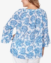 Hearts Of Palm Plus Printed Crinkle 3/4 Sleeve Top