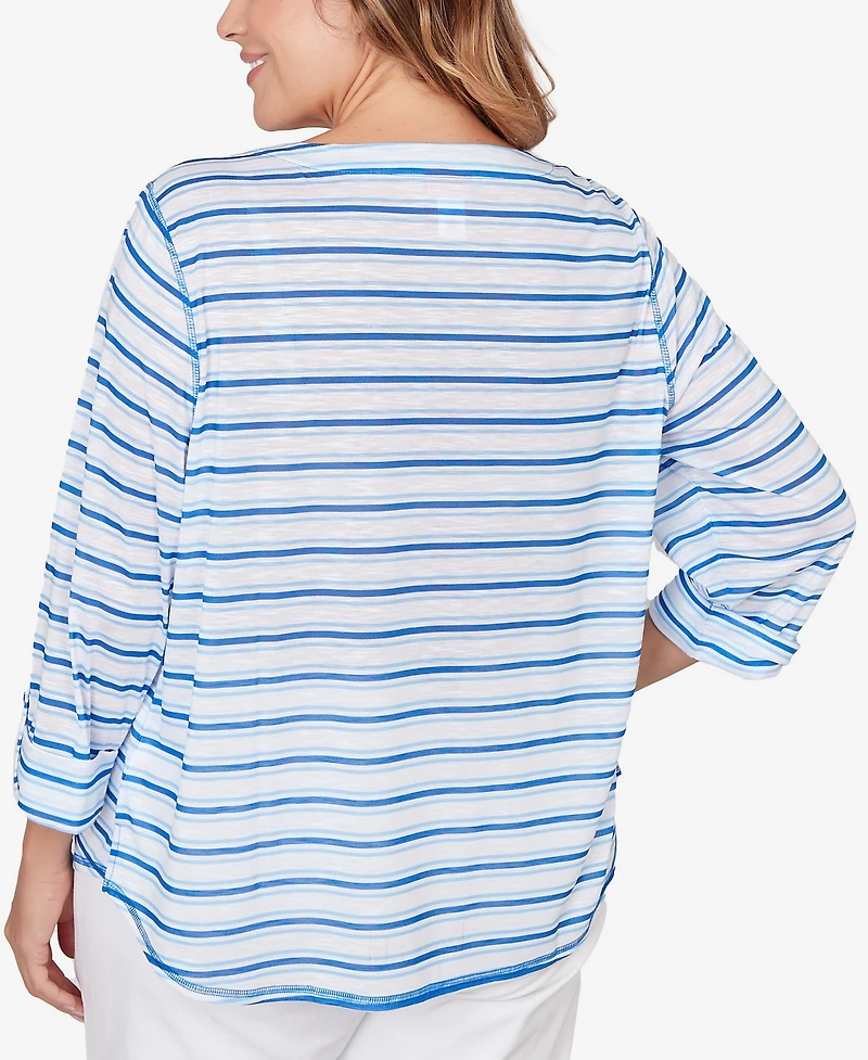 Hearts Of Palm Plus Printed 3/4 Sleeve Roll Tab Top