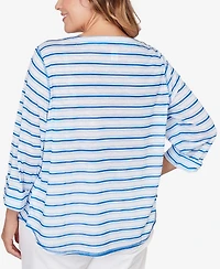 Hearts Of Palm Plus Printed 3/4 Sleeve Roll Tab Top