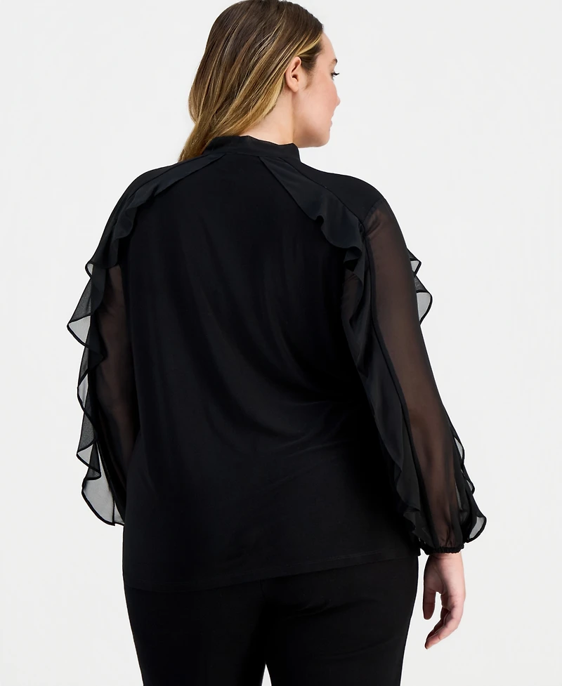 Anne Klein Plus Ruffle-Sleeve Tie-Neck Blouse