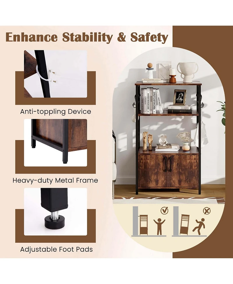 Costway 3-Tier Kitchen Baker s Rack with Cabinet 2 Open Shelves 10 S-Shaped Hooks