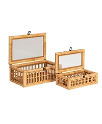 Storied Home Rattan and Bamboo Nestable Storage Boxes with Glass Lids, Set of 2