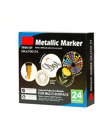 Htutwoo 24 Colors Metallic Art Markers with Dual-Tip Round Point for Card Making, Rock Painting, Album, Wood, Ceramic and Glass