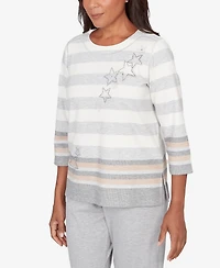 Alfred Dunner Women's Comfort & Joy Star Stripe Embellished Crew Neck Top
