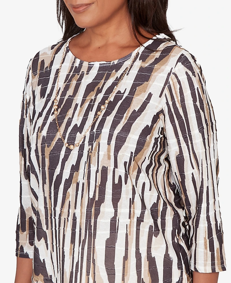 Alfred Dunner Women's Seville Animal Print Pleated Top with Necklace