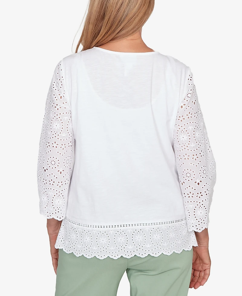 Alfred Dunner Women's St. Augustine Solid Eyelet Trim Top with Necklace