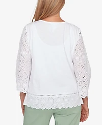 Alfred Dunner Women's St. Augustine Solid Eyelet Trim Top with Necklace