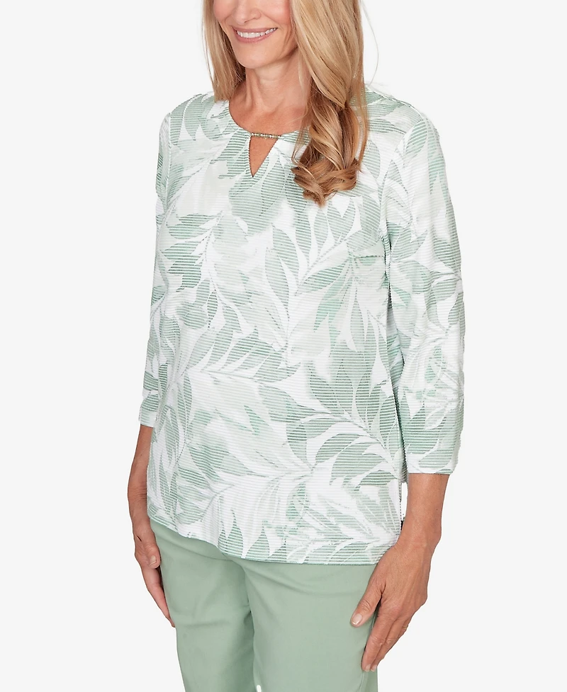 Alfred Dunner Women's St. Augustine Monotone Leaf Print Split Neck Top