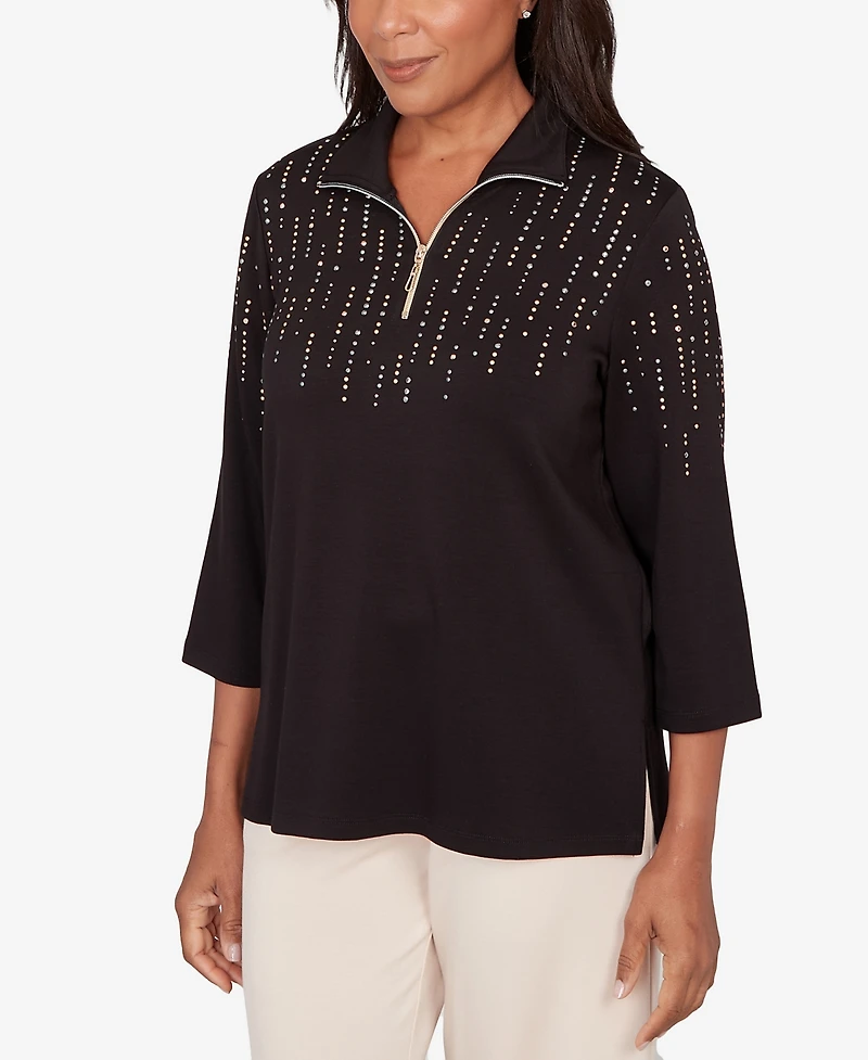 Alfred Dunner Petite Seville Heat Set Embellished Zip Mock Neck Top