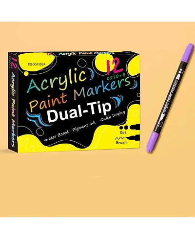 Htutwoo 12 Colors Dual Tip Acrylic Paint Markers with Dot Tip and Brush Tip for Wood, Stone, Rock Painting, Ceramic Surfaces and Diy Crafts Making