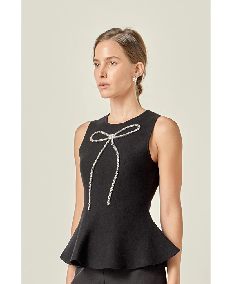 English Factory Women's Peplum Bow Embelisshed Top