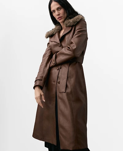 Mango Women's Fur Collar Leather-Effect Coat