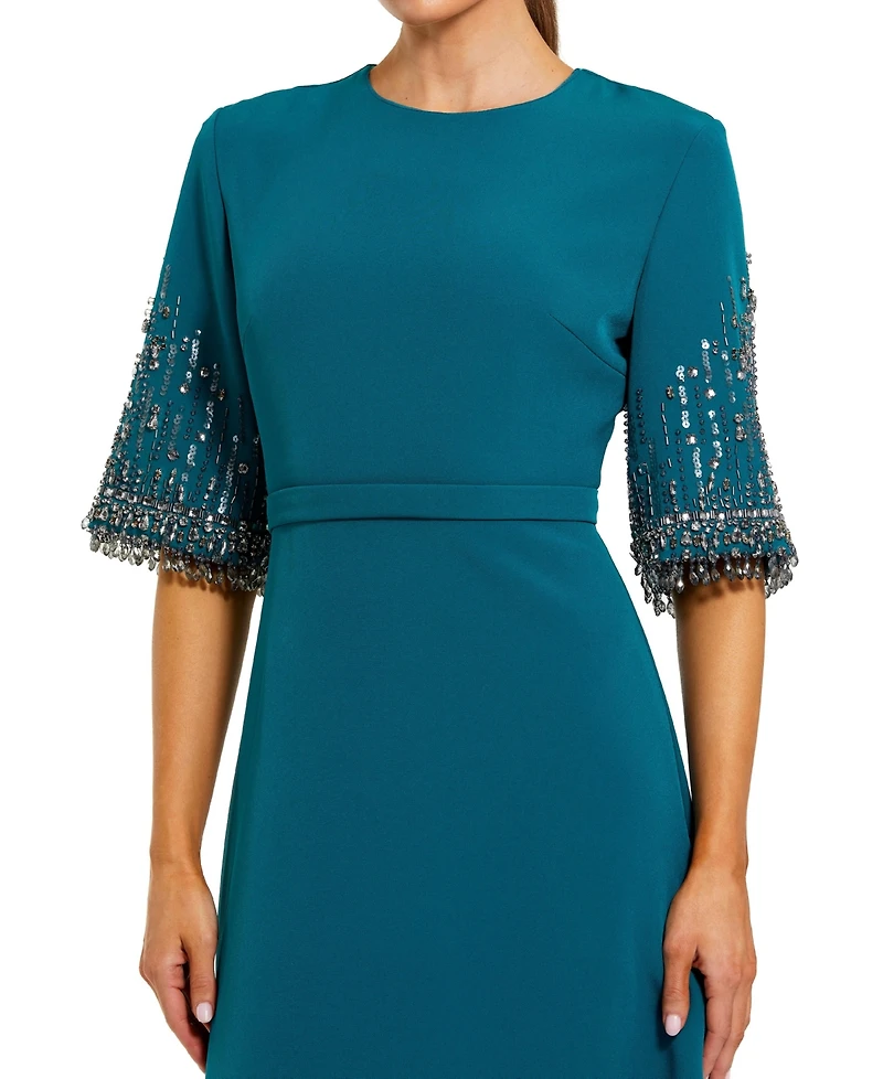 Mac Duggal Women's Crepe A Line Gown Beaded 3/4 Sleeves