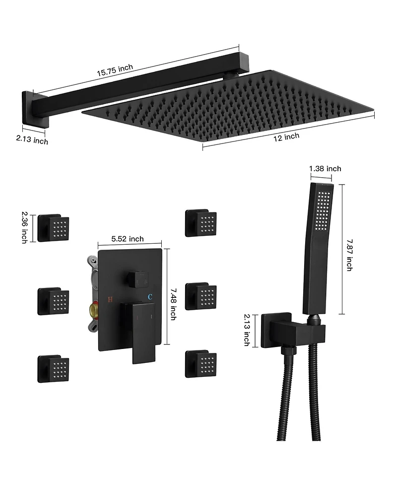 Greenspring 3-Spray Wall Mount 2.5 Gpm 12 in. Shower Head Fixed and Handheld Shower Head with 6-Jets in Matte Black (Valve Included
