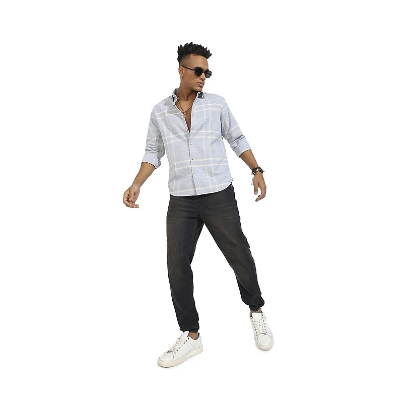 Campus Sutra Men's Light Grey Contrast Tartan Plaid Shirt.