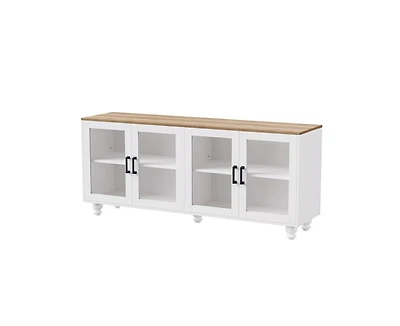 Farmhouse Storage Cabinet Tv Stand with Tempered Glass Doors And Adjustable Shelves