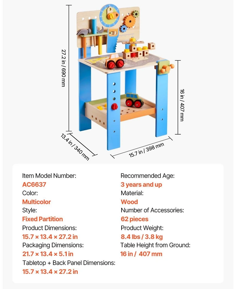 Mecale Kids Workbench, 62 Pcs Wooden Tool Bench for Kids 3+, Educational Construction Toy with Realistic Tools, Creative Building Set