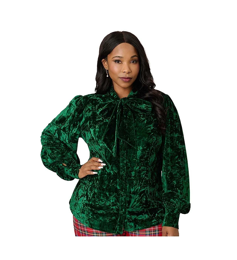Unique Vintage Plus Velvet Long Sleeve Neck Tie Gwen Blouse