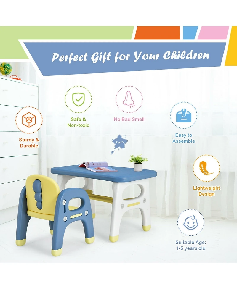 Gymax Kids Dinosaur Table and Chair Set Activity Study Desk Building Blocks