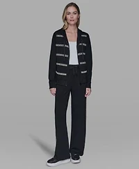 Karl Lagerfeld Paris Womens Pearl Front Zipper Tracksuit Jacket Trim Mid Rise Track Pants