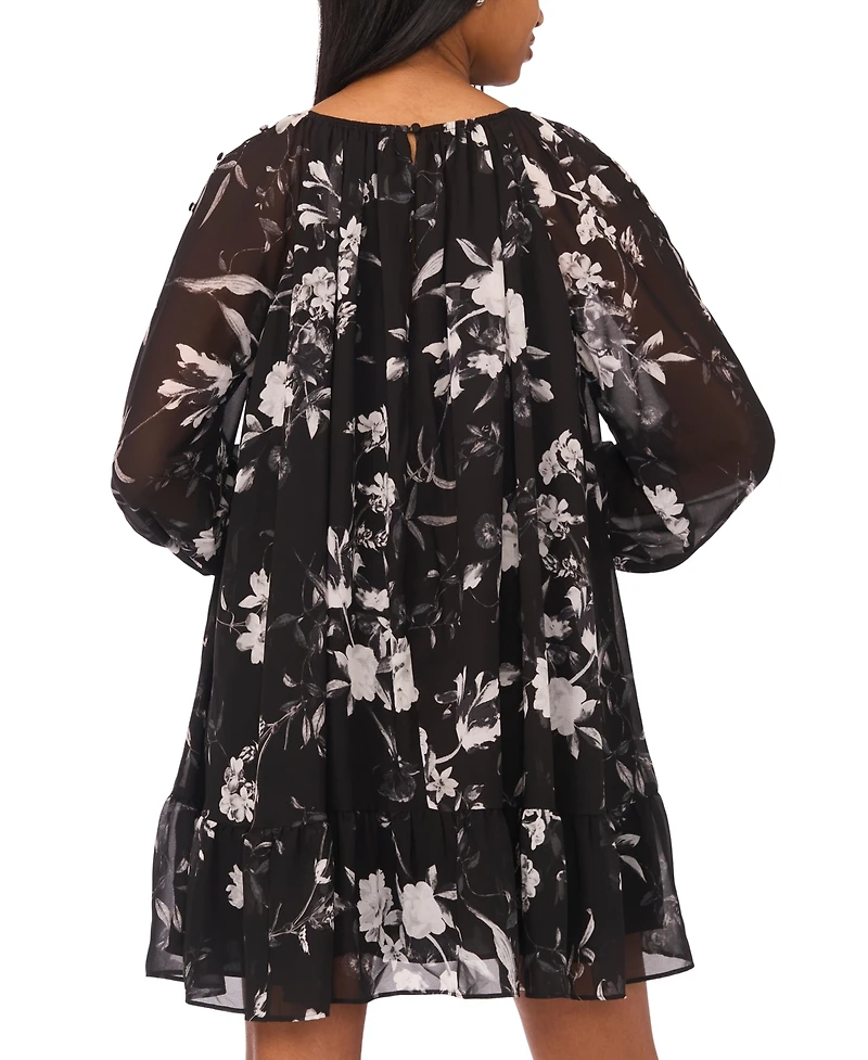 Msk Petite Long-Sleeve Printed Short Shift Dress