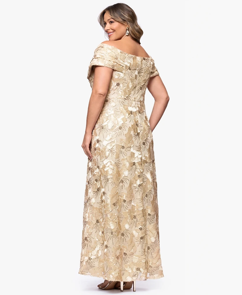 Betsy & Adam Plus Off-The-Shoulder Long Gown