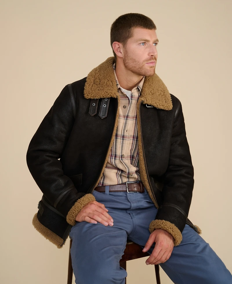 Furniq Uk Men's Shearling Aviator Jacket, Washed Brown with Ginger Curly Wool