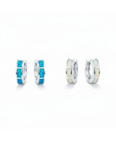 Bling Jewelry Set of 2 White & Blue Synthetic Opal Inlay Iridescent Huggie Hoop Earrings Sterling Silver