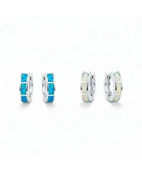 Bling Jewelry Set of 2 White & Blue Synthetic Opal Inlay Iridescent Huggie Hoop Earrings Sterling Silver
