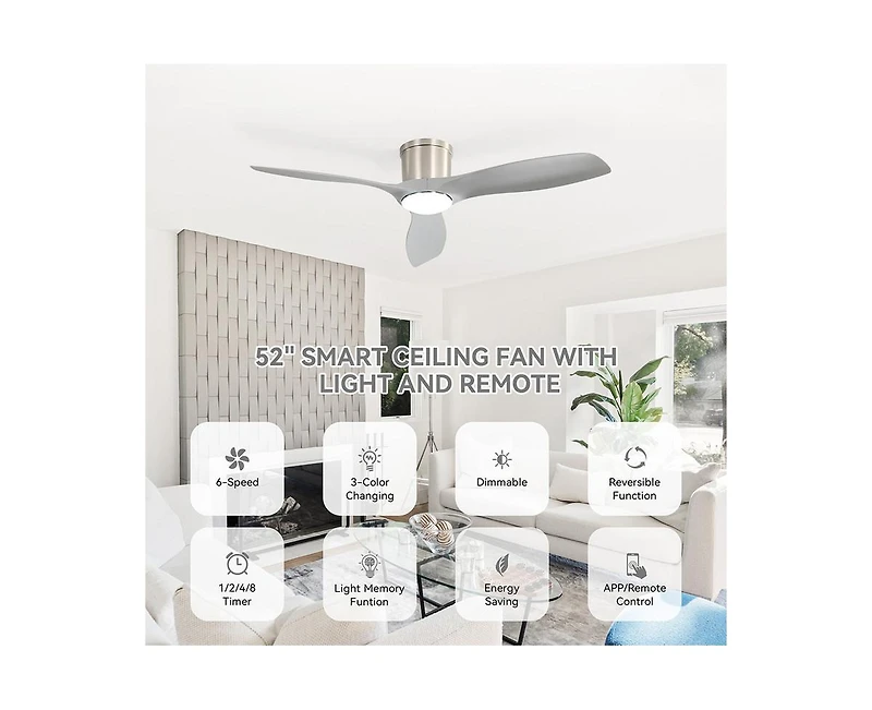 Sofucor 52-inch Modern Minimalist Sand Nickel 3-Blade Flush Mount with Remote Control,Supporting Mobile Device Connection and Voice Function