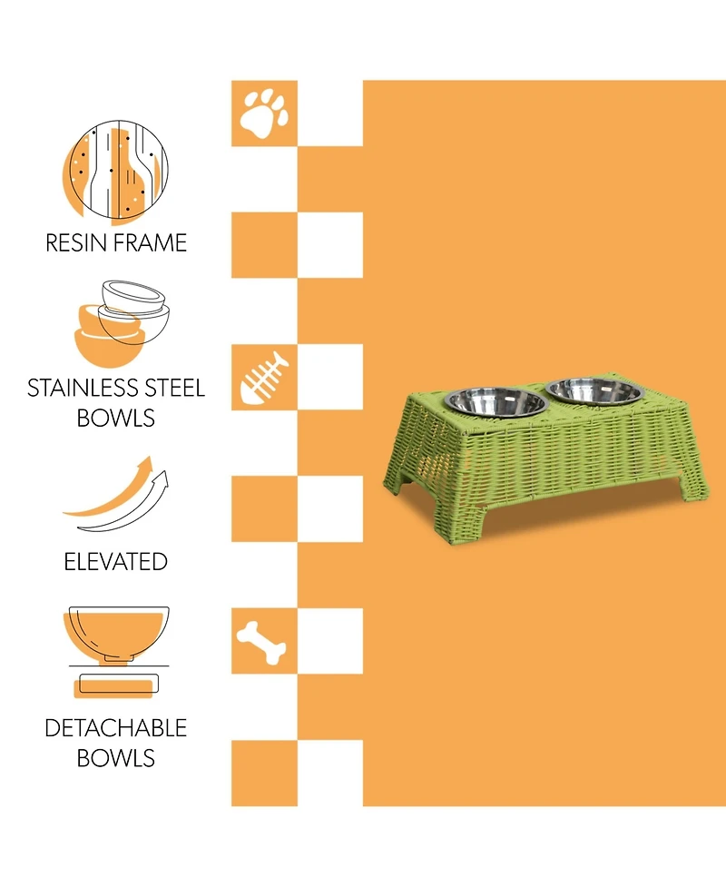The Licker Store Serenity 6.9" Small/Medium Elevated Wicker Pet Feeder with 18oz (2.2 Cups) 2-Stainless Steel Bowls