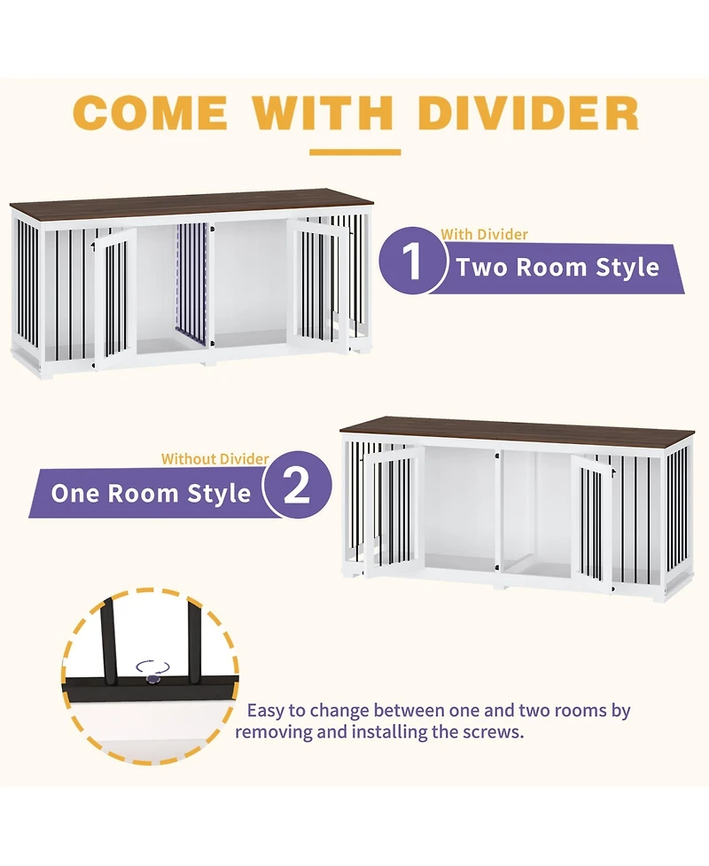 71 Inch Dog Crate Furniture, Heavy-Duty Wooden Dog Kennel with Trays and Divider for Large Medium Dogs