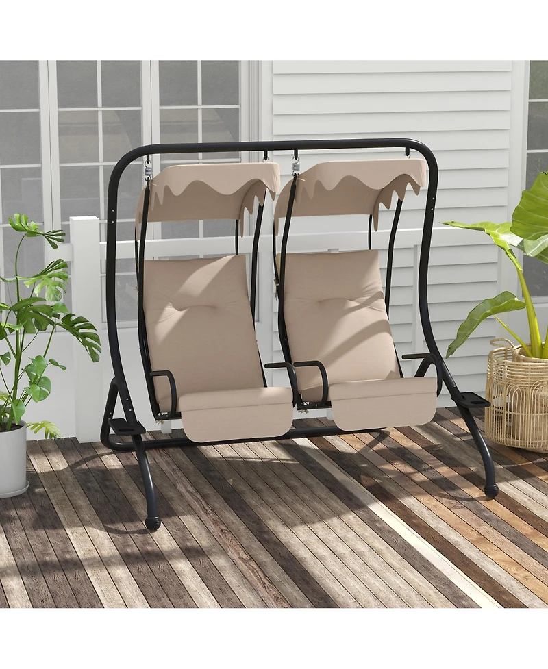 Outsunny 2-Seat Patio Swing Chair w/ Removable Canopy & Cup Holders,