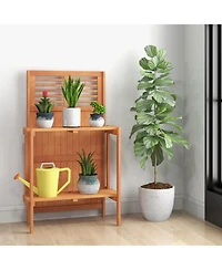 Sugift Folding Garden Potting Bench with 2-Tier Storage Shelves and Teak Oil Finish