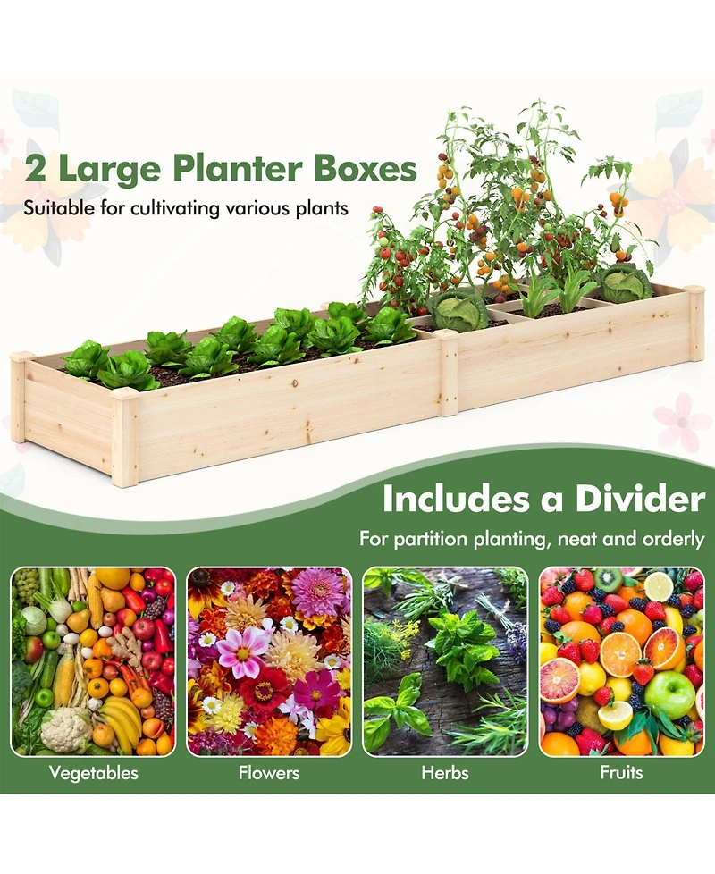 Sugift Wooden Raised Open-Ended Base Garden Bed with 2 Planter Boxes Divider-Natural