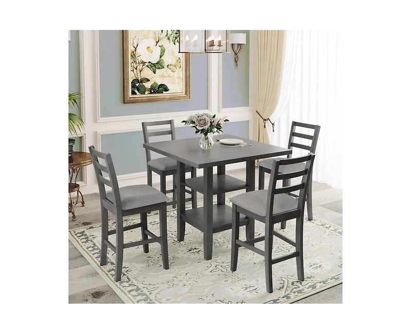 Casainc Trexm 5-Piece Counter Height Dining Set with Espresso Wood Table Padded Chairs and Storage Shelving