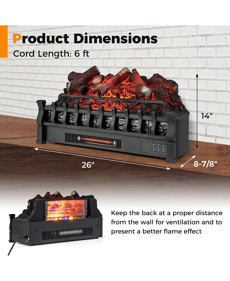 Sugift 26 Inch Electric Fireplace Heater with Remote Control and Realistic Lemonwood Ember Bed-Black