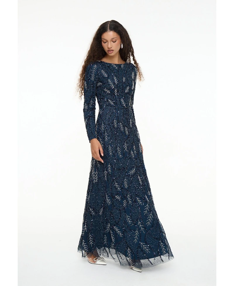 Maryisa Women's Modest Embellished Sequin Beaded Dress Maxi With Detailed Work