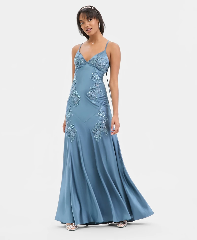 City Studios Juniors' Applique Satin Gown