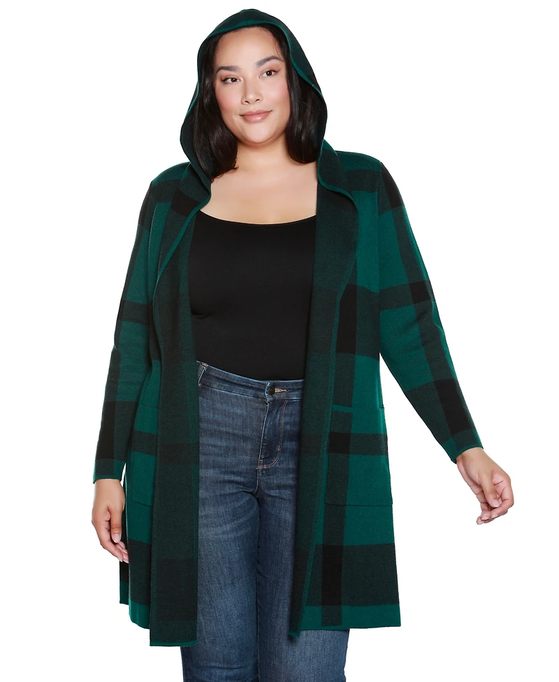 Belldini Plus Hooded Plaid Coatigan Sweater