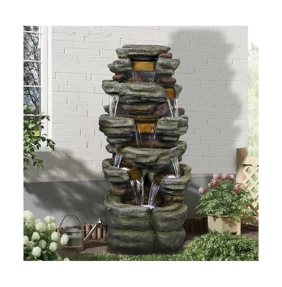 SunJet 47.2" 6-Tier Cascading Rock Outdoor Water Fountain with Led Lights