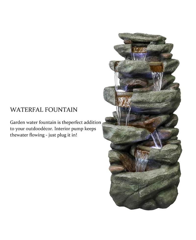 SunJet 40.5" High 6-Tier Outdoor Water Fountain with Led Lights Cascading Waterfall for Garden and Yard Decor