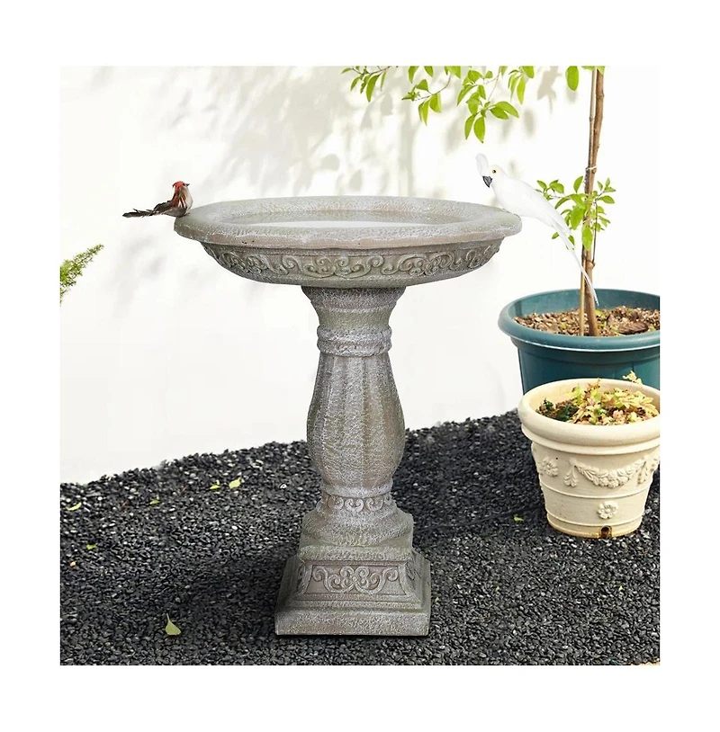 SunJet 23.8 Inch High Concrete Bird Bath with Carved Pedestal – Birdbath Sturdy & Elegant Design, Stone-Like Texture
